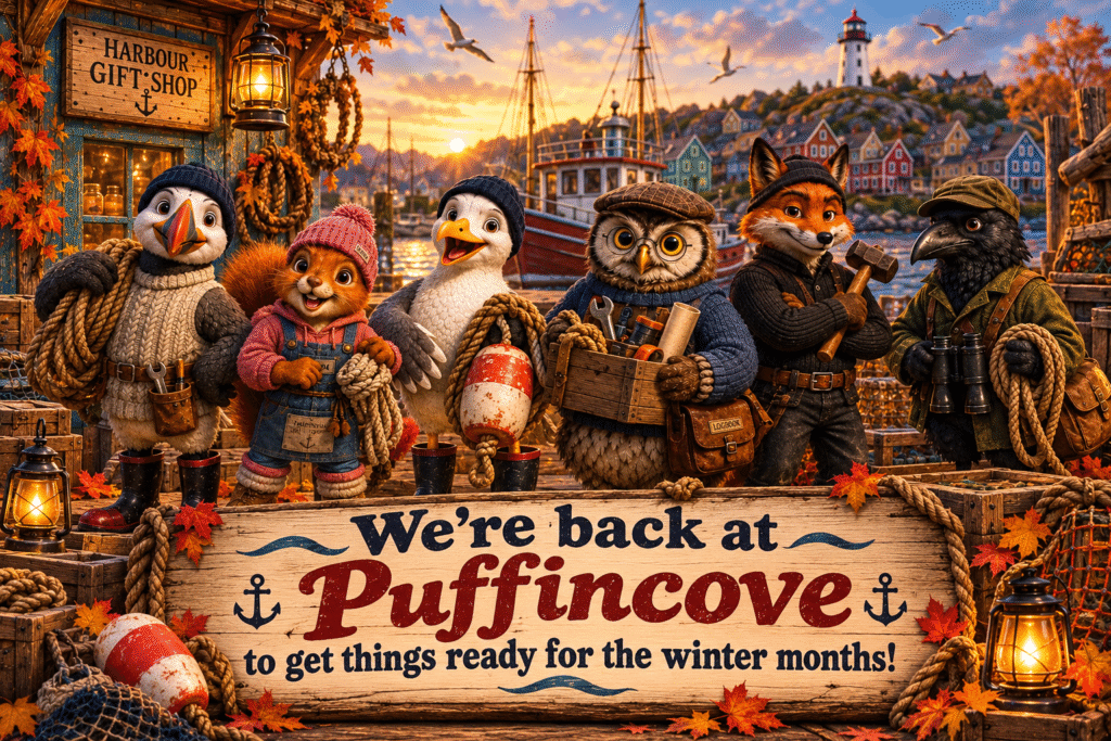 Puffin, Selma, Kite, Owl, Fox, and Raven stand together at the harbour gift shop as autumn arrives.