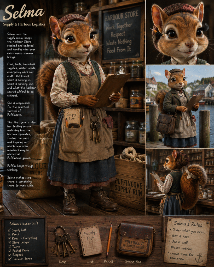 Selma, Puffincove’s supply and harbour logistics keeper, stands in the Harbour Gift Shop with her clipboard.