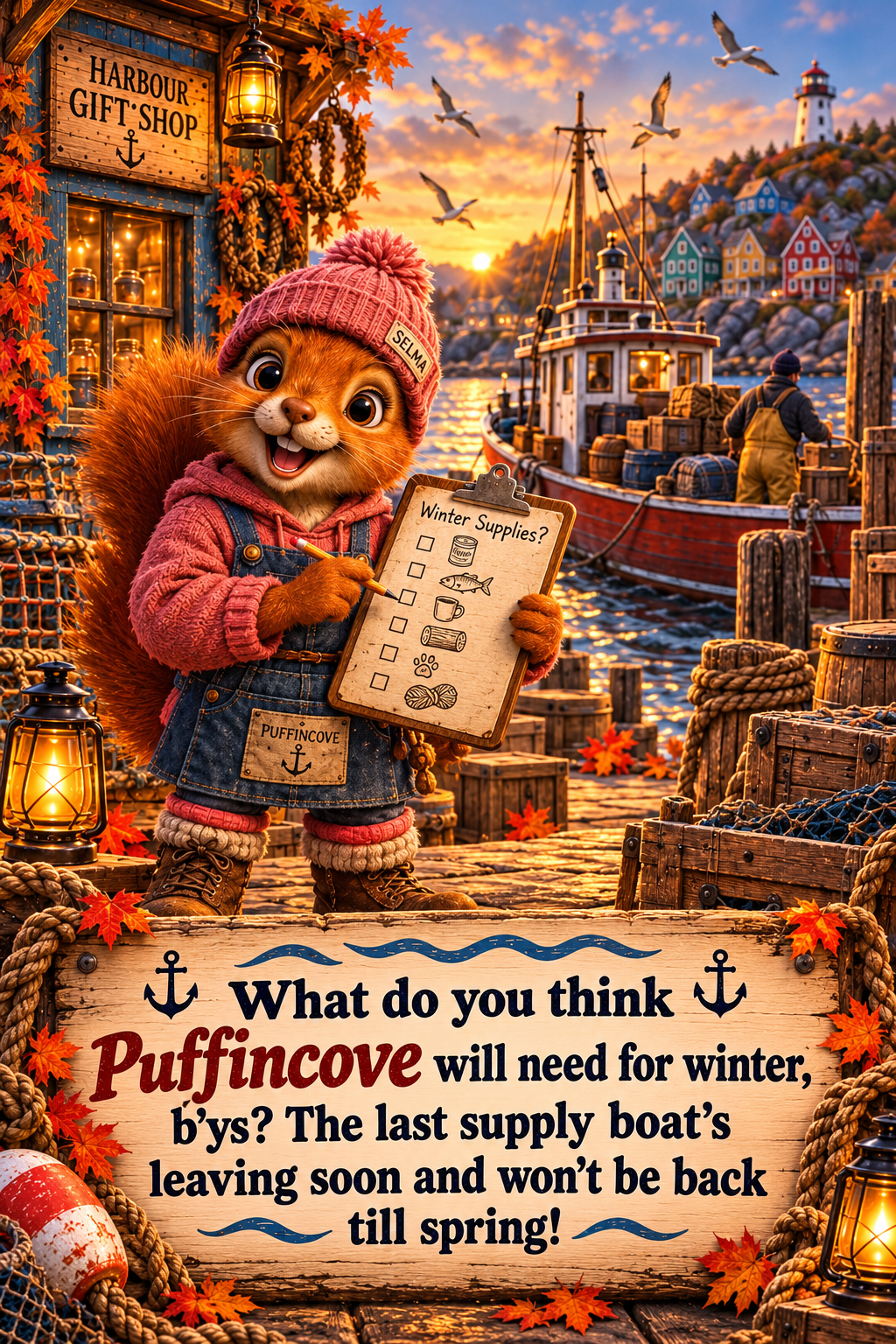 Selma asks what supplies Puffincove needs before the last boat heads out for winter and returns in spring.