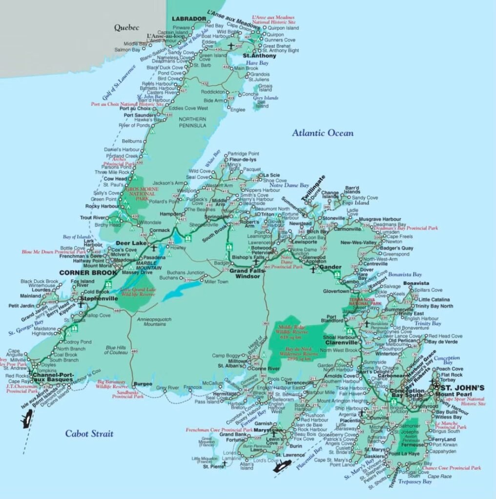 Map of Newfoundland and Labrador showing the island and surrounding communities.