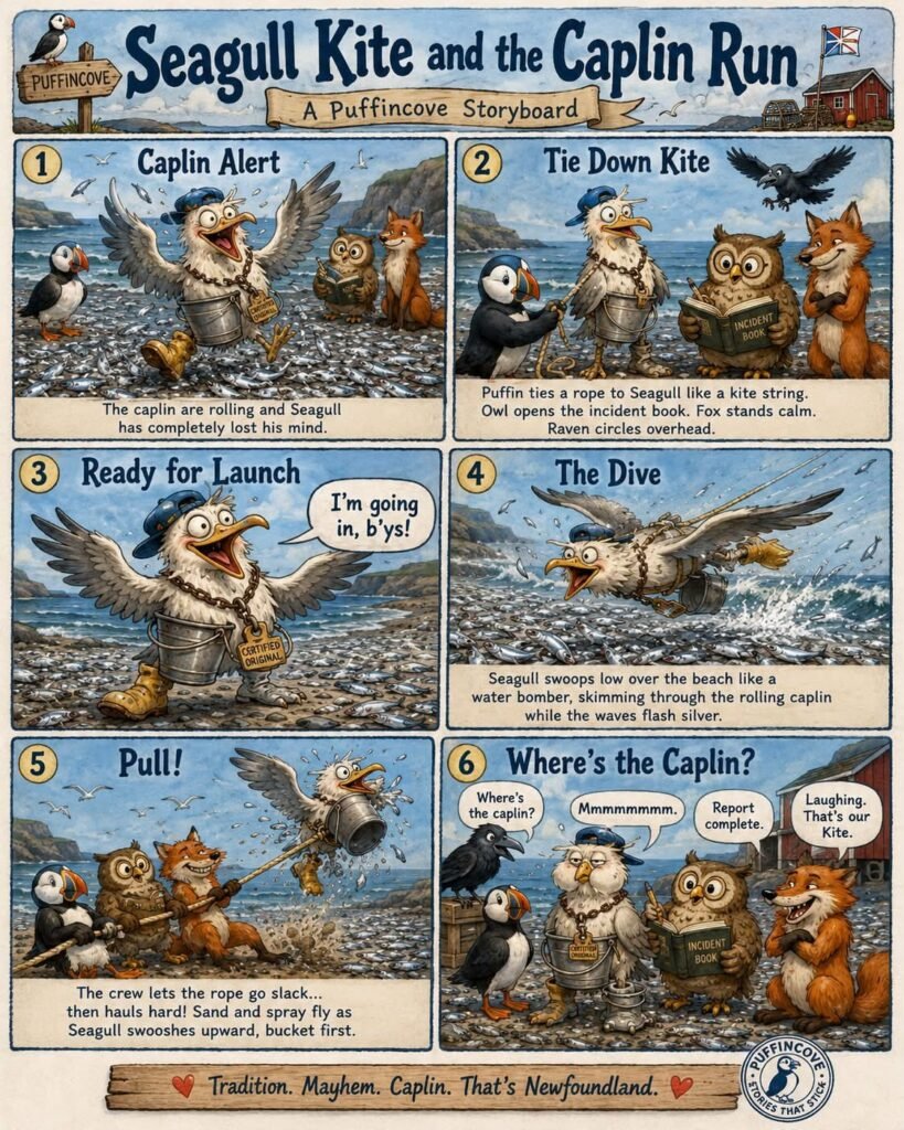 Six-panel Puffincove storyboard showing Seagull’s caplin run and how the crew gave him the name Kite.